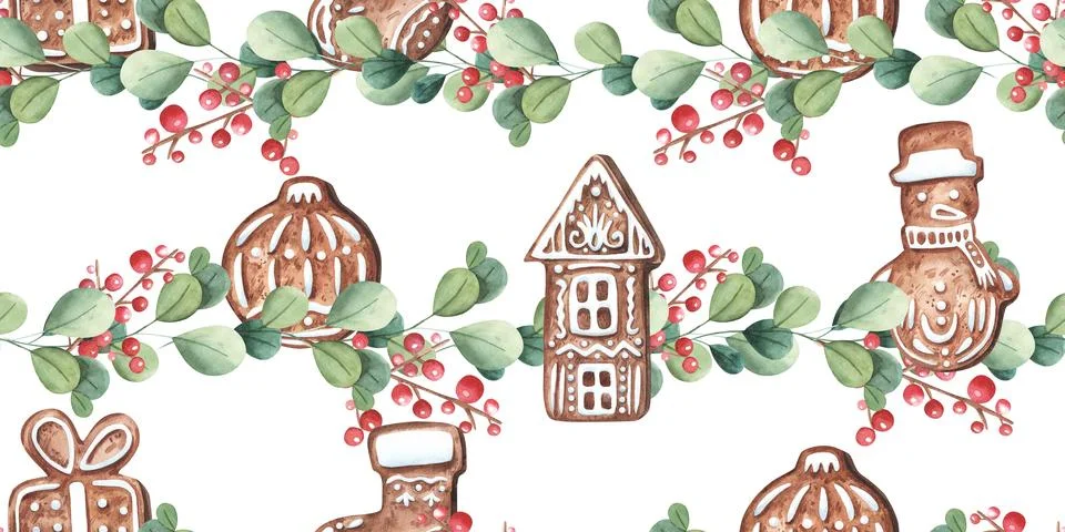 Christmas gingerbread pattern. Festive background with gingerbread cookies Stock Illustration