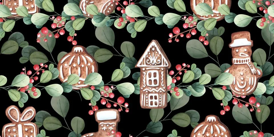 Christmas gingerbread pattern. Festive background with gingerbread cookies Stock Illustration