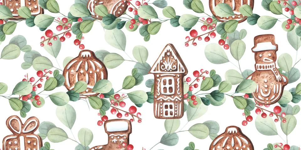 Christmas gingerbread pattern. Festive background with gingerbread cookies Illustrazione stock