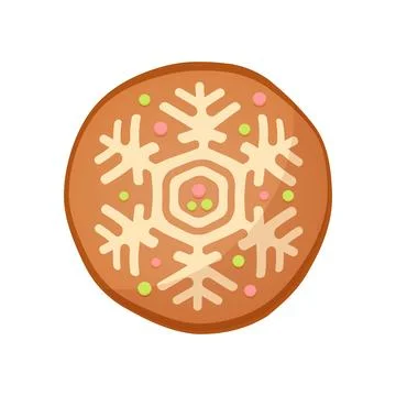 Christmas gingerbread round cookie, biscuit of circle shape with snowflake icing Stock Illustration