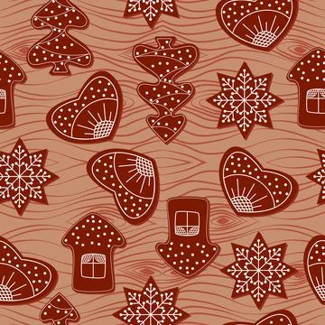 Christmas gingerbread seamless pattern on background of wood Stock Illustration