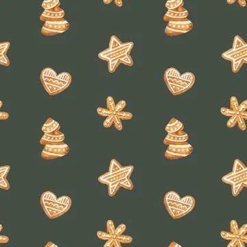 Christmas gingerbread seamless pattern. Ginger cookies on blue background Stock Illustration