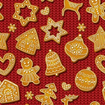 Christmas Gingerbread seamless pattern on red knitting background. Festive Stock Illustration