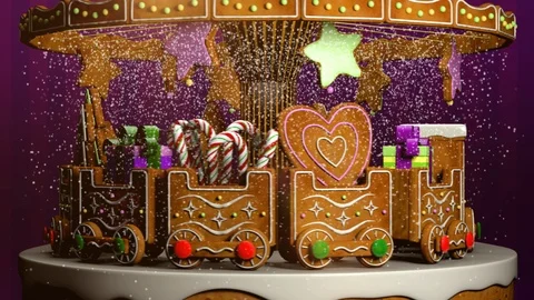 Christmas gingerbread train with candy canes and stars Stock Footage 97193739