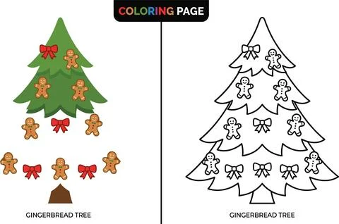 Christmas Gingerbread Tree Coloring Page Activity for Kids. Stock Illustration