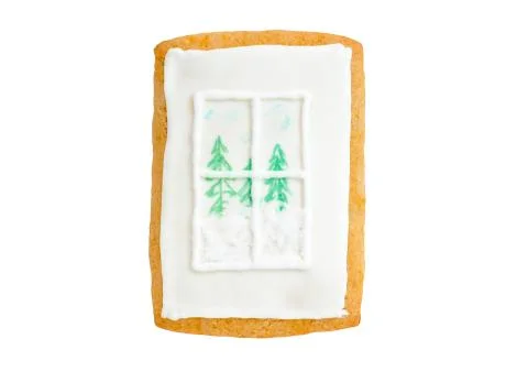 Christmas gingerbread window with trees and snow isolated on white Stock Photos