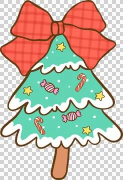 Christmas Gingham, Cute Christmas Tree Illustration with Bow Catoon Hand Draw Stock Illustration