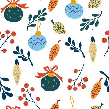 Christmas glass balls seamless pattern. Hand draw Glass Christmas tree toys,  Stock Illustration