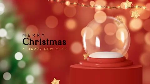Christmas glass transparent empty magic snow globe on red background with r.. Stock Illustration