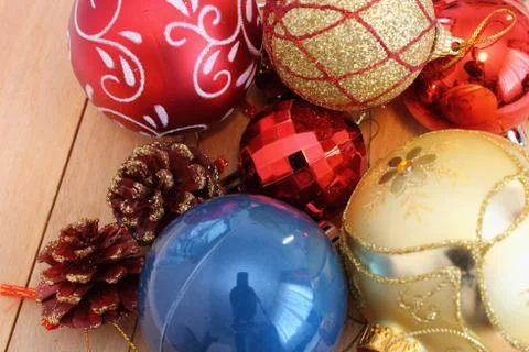 Christmas globes on table Stock Photos