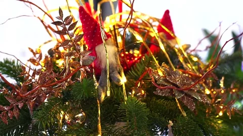 Christmas gnome decorations with pine branches glitter foliage and festive light Stock Footage 317329427