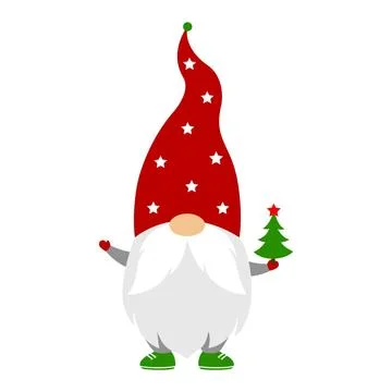 Christmas gnome in a red hat with a tree. Cartoon style. Vector character. Stock Illustration
