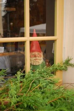 Christmas Gnome in Window Stock Photos