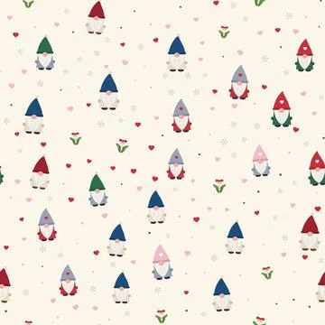 Christmas gnomes seamless pattern with cute Scandinavian gnomes, mistletoe, red Stock Illustration