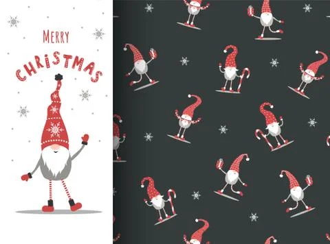 Christmas gnomes on seamless pattern. Greeting card with nordic elf in red hat. Stock Illustration