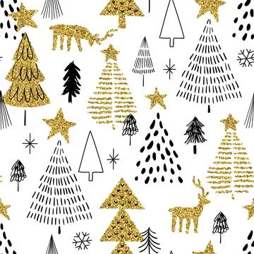 Christmas gold glitter pine tree seamless pattern Illustrazione stock