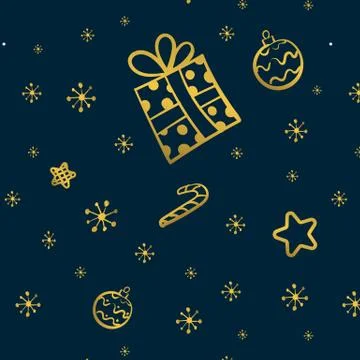 Christmas gold seamless pattern with gift, stars and candy Hand drawn vector Illustrazione stock