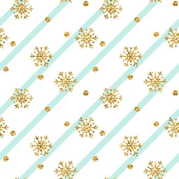 Christmas gold snowflake seamless pattern. Golden glitter snowflakes on blue  스톡 일러스트