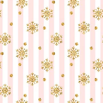 Christmas gold snowflake seamless pattern. Golden glitter snowflakes on pink  Stock Illustration