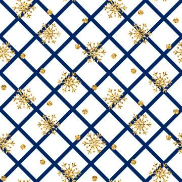 Christmas gold snowflake seamless pattern. Golden snowflakes on blue and whit Stock Illustration