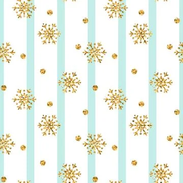Christmas gold snowflake seamless pattern. Golden glitter snowflakes on blue  Stock Illustration
