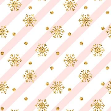 Christmas gold snowflake seamless pattern. Golden snowflakes on pink and whit Illustrazione stock