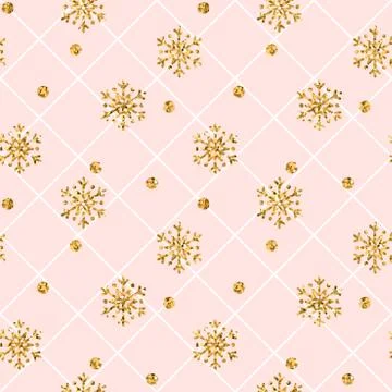 Christmas gold snowflake seamless pattern. Golden snowflakes on pink and whit Stock Illustration