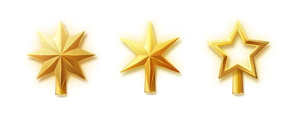 Christmas gold tree topper vector. 3d realistic golden star decoration in deco Stock Illustration