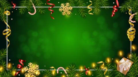 Christmas green background with pine branches, garlands, snowflakes, tinsel Illustrazione stock