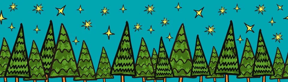 Christmas green trees vector border. Seamless pattern hand drawn doodle trees Stock Illustration