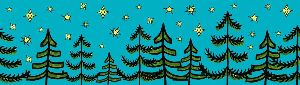 Christmas green trees vector border. Seamless pattern hand drawn doodle trees 스톡 일러스트
