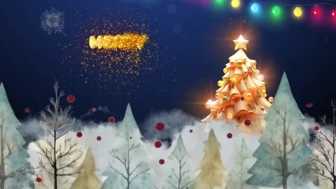Christmas greeting background with tree and bell and snowman Stock Footage 255634124