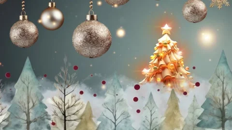Christmas greeting background with tree and bell and snowman Stock Footage 256617022