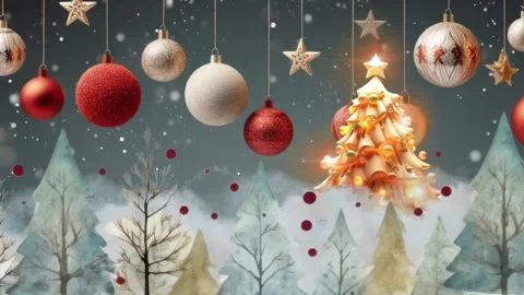 Christmas greeting background with tree and bell and snowman 스톡 동영상 256617023