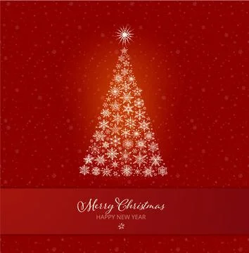 Christmas greeting card with christmas tree and snowflakes on red background. Stock Illustration