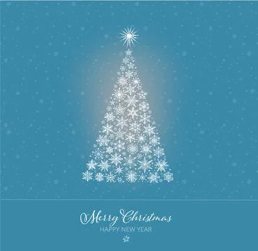 Christmas greeting card with christmas tree and snowflakes on blue background. Stock Illustration