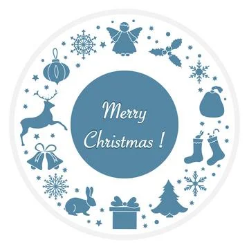 Christmas greeting card with festive elements, circular design, and text in.. Stockillustratie