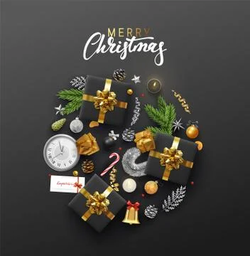 Christmas greeting card with holiday objects. Stock Illustration