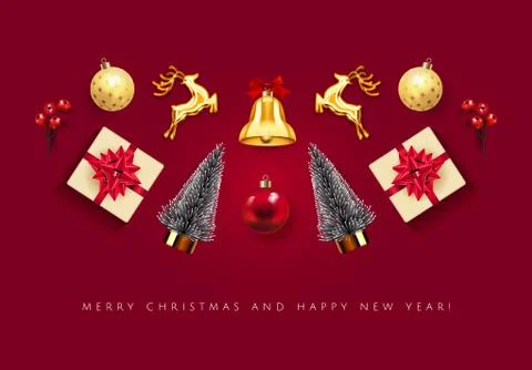 Christmas greeting card with holiday objects isolated in red background. Xmas Stock Illustration
