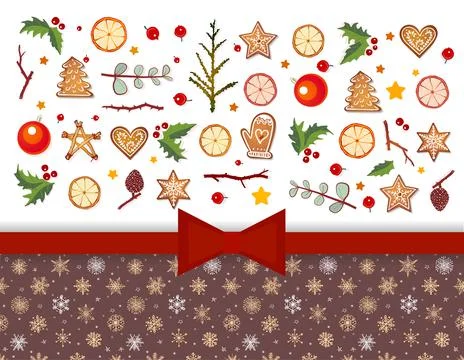 Christmas greeting card with holidays elements on white background. Gingerbreads Illustrazione stock