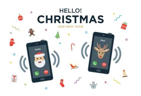 Christmas Greeting Card with phone call from Santa Claus and Reindeer Stock Illustration
