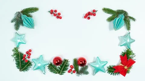 Christmas greeting card. Rectangular frame of spruce twigs, Christmas decorat 스톡 사진