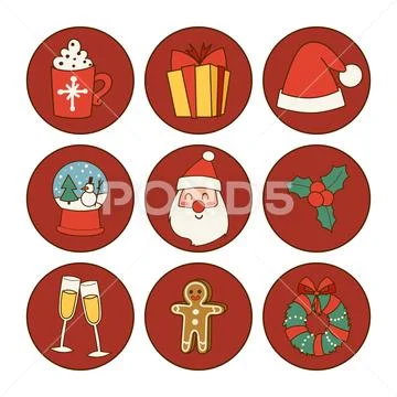 Christmas greeting card stickers symbols vector winter celebration design Stock Illustration