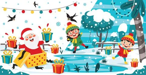 Christmas Greeting With Cartoon Characters Stock Illustration