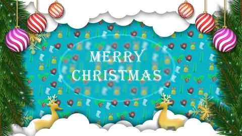 A Christmas greeting is centered on a blue pattern with ornaments. Stock Illustration