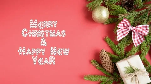 Christmas Greetings with pine tree bell red background Stock Footage 145060531