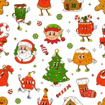 Christmas groovy characters seamless pattern Stock Illustration