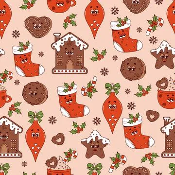 Christmas groovy seamless pattern. Trendy retro cartoon characters gingerbr.. Stock Illustration