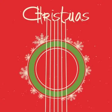 Christmas guitar red background.Vector old poster with acoustic guitar Stock Illustration