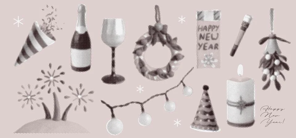Christmas halftone collage dotted elements set. Various monochrome New Year Stock Illustration